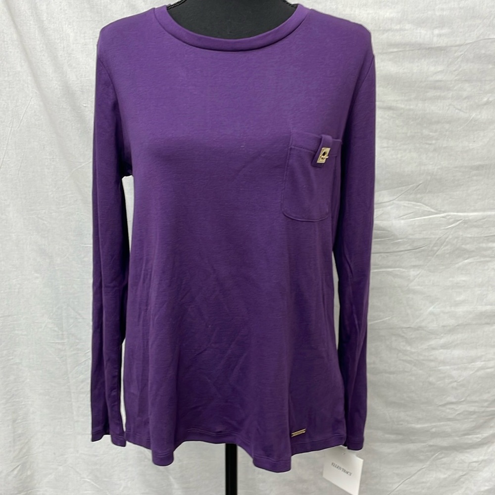 Ellen Tracy purple long sleeve tee with gold metal embellishments, size L, NWT